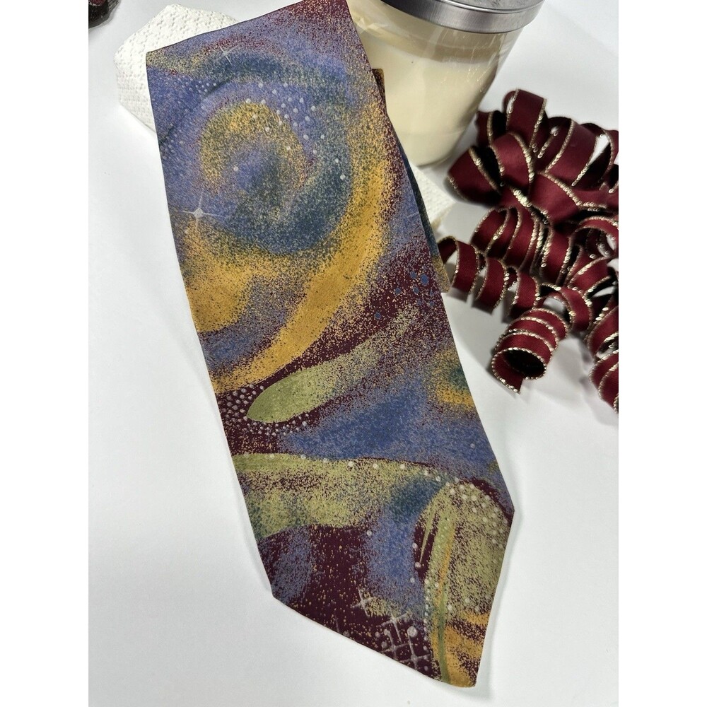 Krizia Uomo Italy Silk Tie Abstract Celestial Galaxy Print Purple Gold Blue MCM